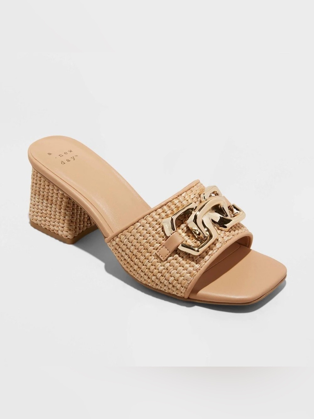 a new day Beige Woven Block Heel Mule with Gold Chain Accent
